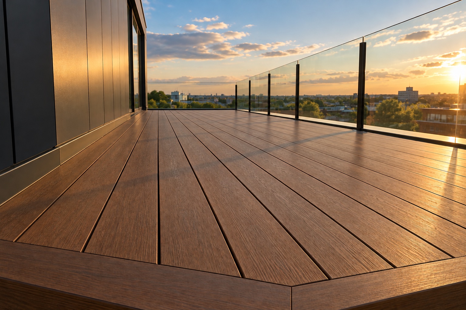 Composite deck boards on a rooftop terrace meeting a metal panel wall and a glass guardrail