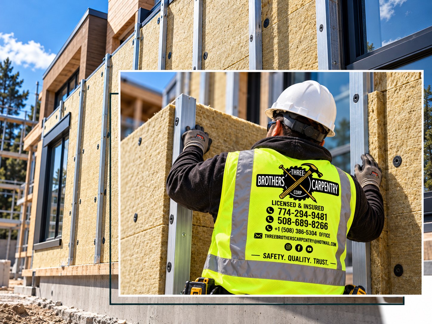 Installer fitting mineral wool exterior insulation boards over the sheathing