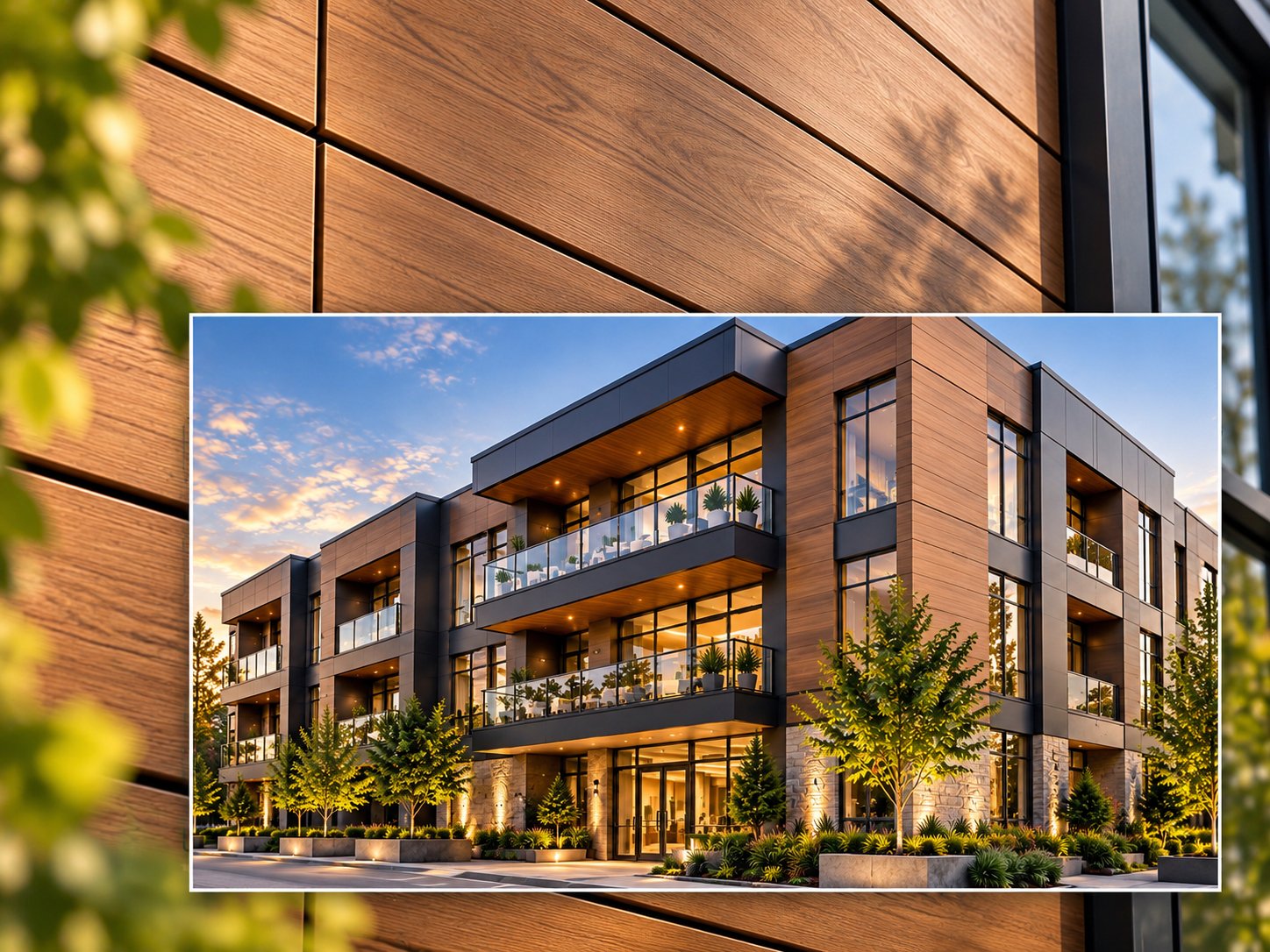 Wood-tone Nichiha panels behind a three-story building clad in the same system